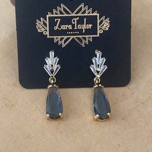 Navy Blue Teardrop & Crystal Art Deco Stud Drop Earrings
