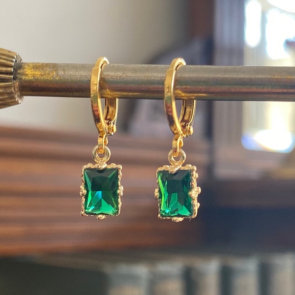 Emerald Green Rectangle Jewel Huggie Hoop Earrings