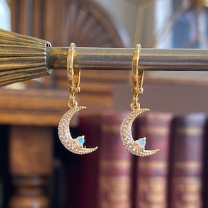Crystal Moon & Opal Huggie Hoop Earrings