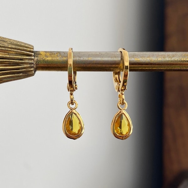 Yellow Agate Teardrop Huggie Hoop Earrings