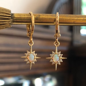 Crystal & Oval Opal Star Huggie Hoop Earrings