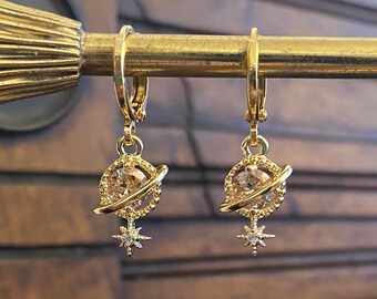 Gold-Plated Planet and Star Earrings | Peach Crystal Huggie Hoops | Cosmic Celestial Jewellery Gift