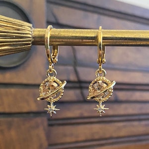 Gold-Plated Planet and Star Earrings | Peach Crystal Huggie Hoops | Cosmic Celestial Jewellery Gift