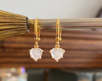 Rose Quartz Heart Huggie Hoop Earrings