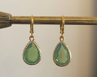 Green Opal Teardrop Huggie Hoop Earrings
