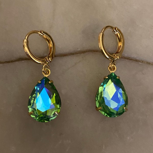 Peridot Green & Blue Teardrop Jewel Huggie Hoop Earrings