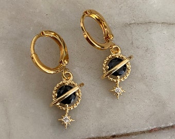 Black Onyx Planet & Star Huggie Hoop Earrings