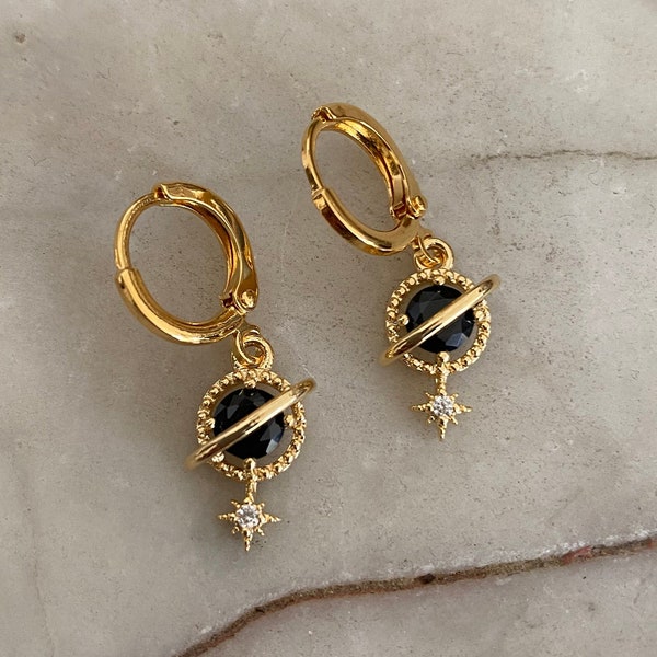 Black Onyx Planet & Star Huggie Hoop Earrings