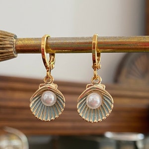 Blue Shell & Pearl Huggie Hoop Earrings