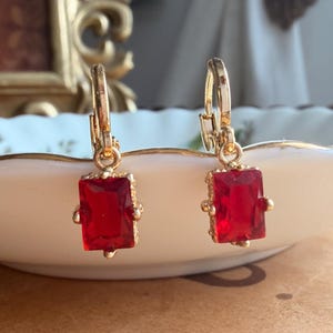 Ruby Red Rectangle Jewel Huggie Hoop Earrings