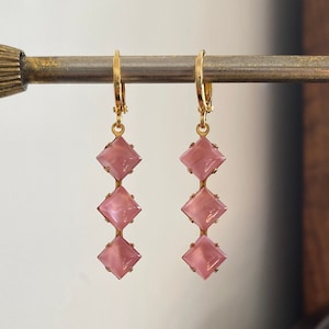 Pink Moonstone Vintage Drop Huggie Hoop Earrings