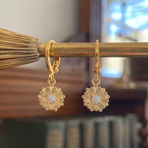 Flower & Opal Huggie Hoop Earrings