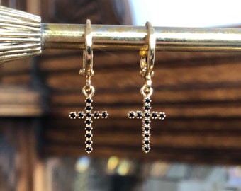 Black Crystal Cross Huggie Hoop Earrings