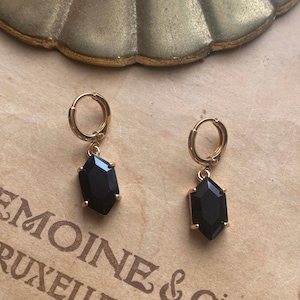 Jet Black Hexagon Jewel Huggie Hoop Earrings