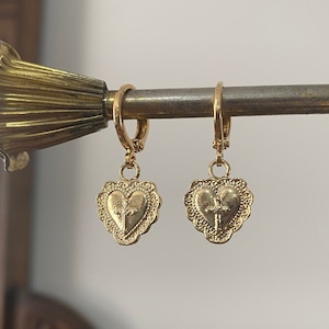 Gold Heart Cross Huggie Hoop Earrings