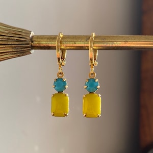 Vintage Turquoise & Yellow Huggie Hoop Earrings