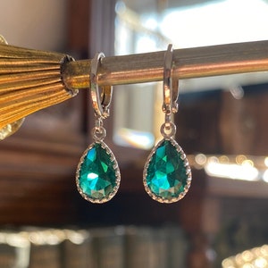 Emerald Green Teardrop Huggie Hoop Earrings