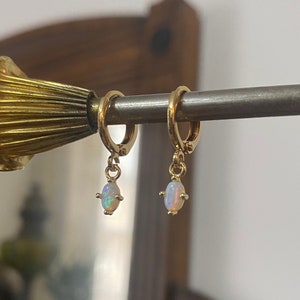 Tiny Oval White Opal Huggie Hoop Earrings