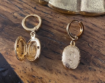 Gold Oval Locket Hoop Earrings – Victorian Style | Opens to Hold Photo | Rhodium or Gold Plated | Gift for Her | Vintage Inspired