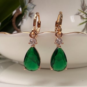 Emerald Green & Crystal Teardrop Jewel Huggie Hoop Earrings
