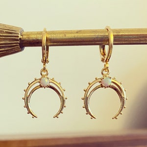 Double Horn & Opal Huggie Hoop Earrings