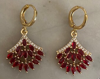 Ruby Red Fan Huggie Hoop Earrings