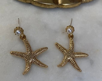 Gold Starfish Pearl Stud Earrings