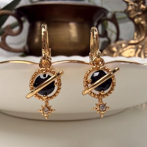 Black Onyx Planet & Star Huggie Hoop Earrings