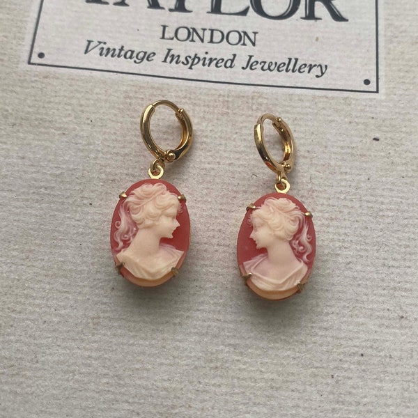 Gold Vintage Lady Coral Cameo Huggie Hoop Earrings
