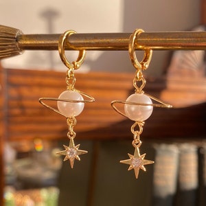Pearl Planet & Crystal Star Huggie Hoop Earrings