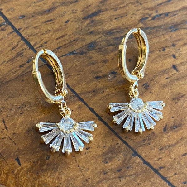 Art Deco Crystal Fan Huggie Hoop Earrings