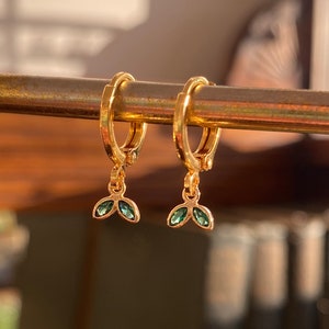 Tiny Green Leaf Huggie Hoop Earrings