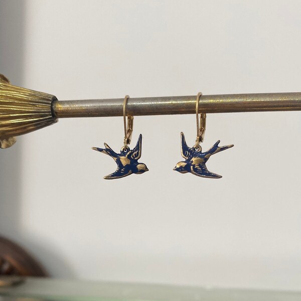 Navy Blue Swallow Bird Earrings