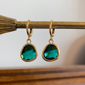 Emerald Green Jewel Huggie Hoop Earrings
