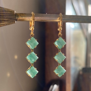 Teal Moonstone Vintage Drop Huggie Hoop Earrings