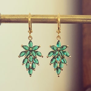 Emerald Green Leaf Jewel Huggie Hoop Earrings