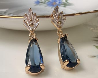 Art Deco Crystal Earrings, Navy Blue Teardrop Drops, Gold-Plated Studs, Vintage Style Earrings, Sterling Silver Posts