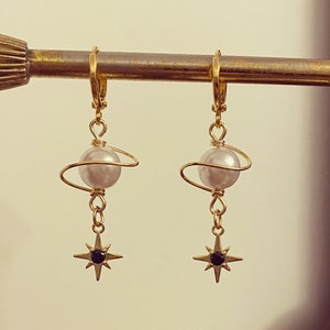 Pearl Planet & Black Onyx Star Huggie Hoop Earrings