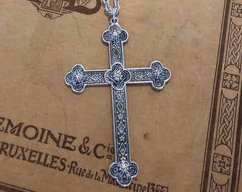 Large Renaissance Style Cross Silver Long Chain Pendant Necklace