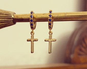 Cross & Sapphire Blue Crystal Huggie Hoop Earrings