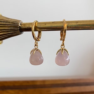 Rose Quartz Drop Huggie Hoop Earrings