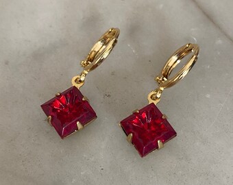 Ruby Red Vintage Jewel Huggie Hoop Earrings