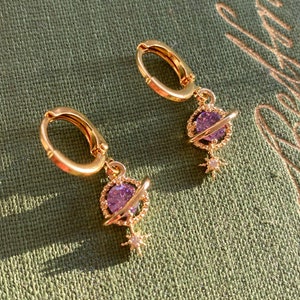 Lilac Jewel Planet & Star Huggie Hoop Earrings image 1