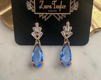 Blue Art Deco Earrings, Gold-Plated Teardrop Studs, Crystal Fan Earrings, Vintage Style Jewellery, Sterling Silver Posts