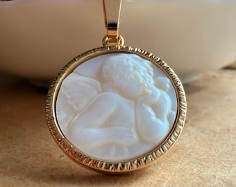 Mother of Pearl Angel Necklace Gold Plated Etched Cherub Pendant Jewellery