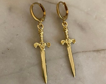 Brass Dagger Sword Huggie Hoop Earrings