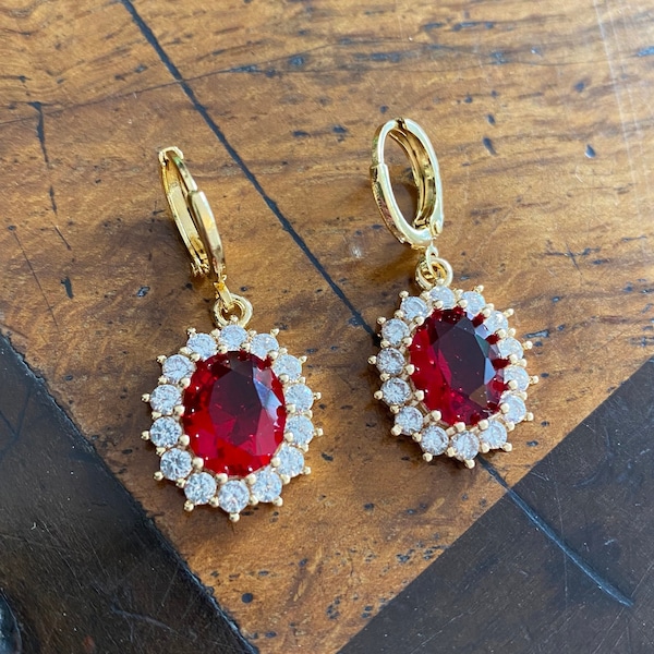 Ruby Red & Crystal Jewel Huggie Hoop Earrings