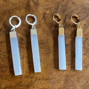 Long Selenite Huggie Hoop Earrings