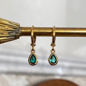 Emerald Green Teardrop Huggie Hoop Earrings