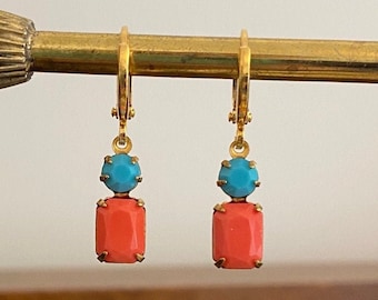 Vintage Turquoise & Coral Huggie Hoop Earrings